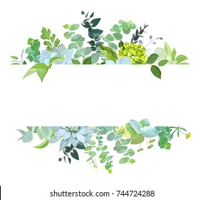 Horizontal botanical vector design banner. Baby blue eucalyptus, succulents,green hydrangea, wildflowers, various plants, leaves and herbs.Natural card or frame. All elements are isolated and editable