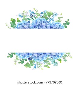 Horizontal botanical vector design banner. Baby blue eucalyptus, light blue hydrangea, forget me not wildflowers and herbs. Natural card or frame. Spring mood. All elements are isolated and editable