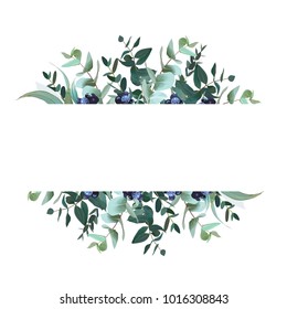 Horizontal botanical vector design banner.Parvifolia, true blue eucalyptus and black berry. Winter set. Hand drawn branches composition isolated on white background. All elements are editable