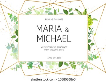 Horizontal botanical vector design frame. Baby blue eucalyptus, green hydrangea, wildflowers, various plants, leaves and herbs. Natural spring wedding card. Gold line art. All elements are isolated.