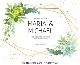 Horizontal botanical vector design frame.Eucalyptus, succulents, green hydrangea, wildflowers, greenery, leaves, herbs. Natural spring wedding card.Gold line art.All elements are isolated and editable