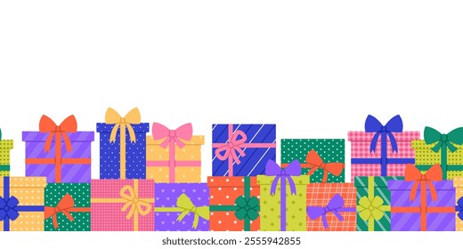 Horizontal bottom border made from colorful gift boxes with different patterns and bows. Stack of gifts. Birthday or Christmas repeating template for banner, packaging. Vector flat illustration