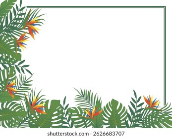 Horizontal bottom left corner frame of tropical greenery and bright flowers. Tropical leaves frame. Vector design illustration. Hand drawn