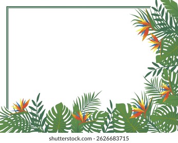 Horizontal bottom right corner frame of tropical greenery and bright flowers. Tropical leaves frame. Vector design illustration. Hand drawn
