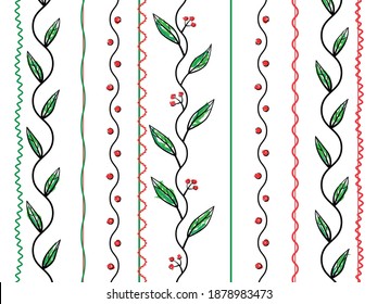 Horizontale Äste mit Blättern und Beeren. Vektorgrafik, Skizze. Design für Hintergründe, Karten, Textilien.