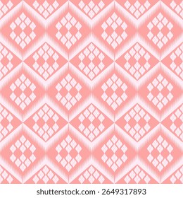 Horizontal brick-like fabric pattern with light pink diamond shapes on a peach-pink background, suitable for designs that require a soft and gentle aesthetic.