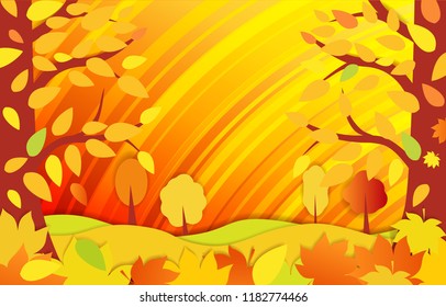 Horizontal bright autumn background. Autumn forest with falling leaves. place under text for flyers, leaflet, web.