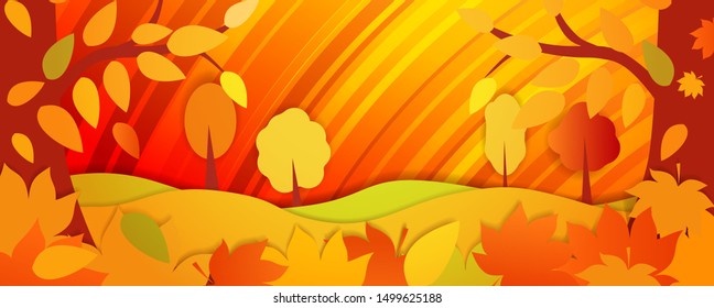 Horizontal bright autumn background. Autumn forest with falling leaves. place under text for flyers, leaflet, web.