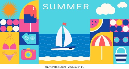 Horizontal bright background with simple geometric shapes. The concept of a summer vacation on the beach. Suitable for postcards, covers, and advertisements.