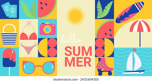 Horizontal bright background with simple geometric shapes. The concept of a summer vacation on the beach. Suitable for postcards, covers, and advertisements. 2