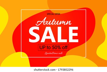 Horizontal Bright Banner autumn sales with coloured yellow with red spots on background. Vector illustrations With text autumn sale up to 50.
