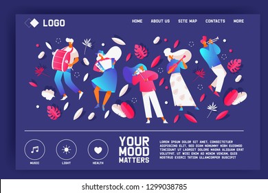 Horizontal bright banner with street music band or orchestra. Decorated with greenery and bright gradients concept landing page with happy mood people