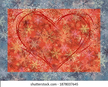 Ilustración horizontal de año nuevo de color brillante con nevadas de copos de nieve (con espacio para texto).