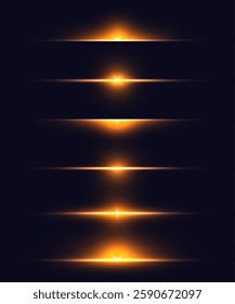 Horizontal bright golden glow, light, furrowing bright shine, luminous flux of a bright star. Vector 10 EPS