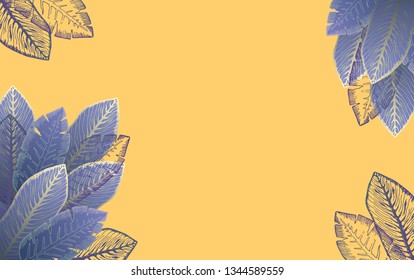 Horizontal bright orange background with purple and blue tropical leaves. Summer yellow frame with exotic leaf for birthday greeting cards, banner design, wedding decoration