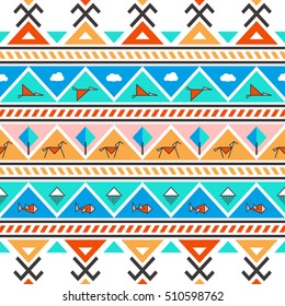 Horizontal bright, original folk pattern with fish, horse, bird and national housing