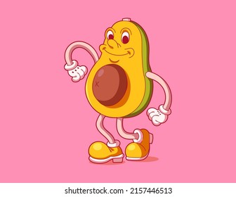 Horizontal bright poster in vintage style. Template for menu design, children's books, graphic prints. Cartoon illustration with smiling avocado. Original retro character.
