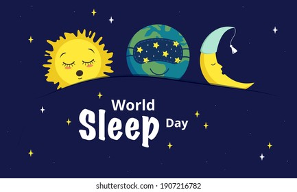 Horizontal bright poster for World Sleep Day. Sleeping icons of the planet Earth, the moon and the sun under the covers. Vector flat cartoon illustration