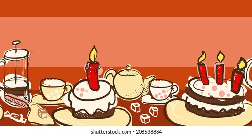 Horizontal bright seamless banner with Coffee and cakes