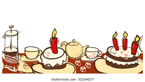 Horizontal bright seamless banner with Coffee and cakes on white background