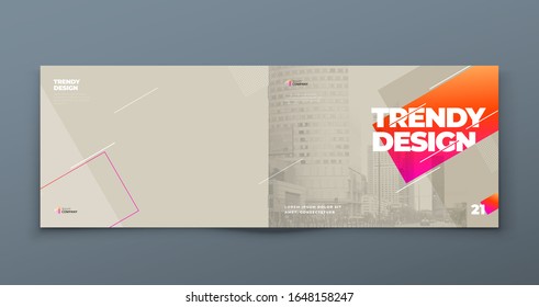 Horizontal Brochure Template Layout Design. Landscape Corporate Business Annual Report, Catalog, Magazine, Flyer Mockup. Creative Modern Bright Concept With Linw Shapes. Vector