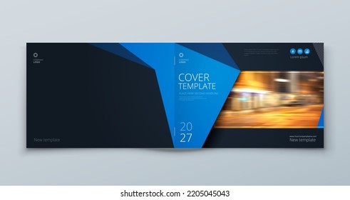 Horizontal Brochure template layout design. Corporate business annual report, catalog, magazine mockup. Layout with modern blue elements and photo. Creative poster, booklet, flyer or banner concept
