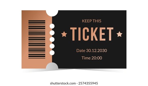 Horizontal bronze, black ticket template. Cinema, theater, casino, concert, opera, ballet copper design. Vector illustration on white background