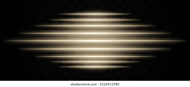 Horizontal bronze light effect isolated on transparent background. Radiant light stripes creating a glowing, layered effect. Ideal for design, abstract backgrounds, and digital graphics.