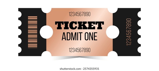 Horizontal bronze ticket admit one template. Cinema, theater, casino, concert, opera, ballet, performance copper design. Vector illustration on white background