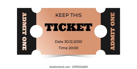 Horizontal bronze ticket template. Cinema, theater, casino, concert, opera, ballet, performance copper design. Vector flat illustration on white background