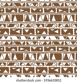 Horizontal brown white monochrome vector tribal abstract geometric border seamless pattern. Illustration contains lines, dots, triangles, rectangles like wall bricks for background print or textiles