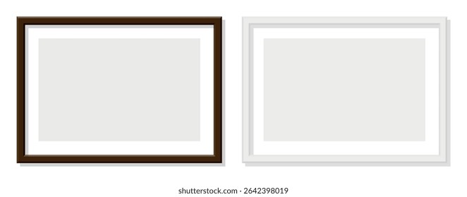 Horizontal brown wooden and white frames transparent background art mockup display composition minimalist gallery design concept for interior presentation home decor layout