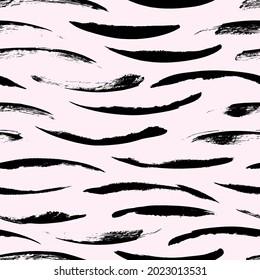 Horizontal brush strokes vector seamless pattern. Black paint freehand scribbles, wavy lines, dry brush stroke texture. Doodle texture. Chaotic rough smears. Hand drawn grunge ink illustration.