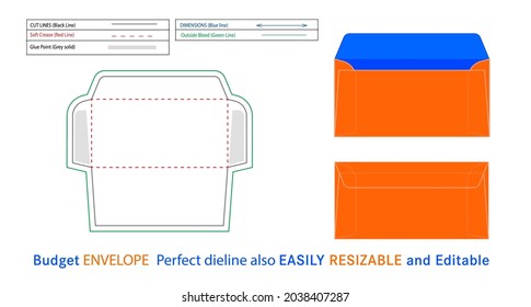 Horizontal Budget Envelope dieline and 3D vector file, Horizontal  style budget envelope editable and resizable  18x9 cm