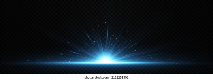 Horizontal burst of exploding stars. Bright light rays. Blue flare, light and spark.