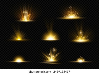 Horizontal bursts and glittering effect, realistic beam of light and illumination. Vector isolated magical glowing and ray with powder particles. Explosions with sparkles and energy discharge
