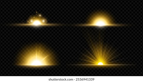 Horizontal bursts and glittering effect. Vector realistic beam of light and illumination. Isolated set of magical glowing shine with explosions and sparkles, energy discharge and ray with powder