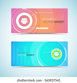 Horizontal business banners in pastel tones with teamwork icons and virtual user interface elements isolated vector illustration