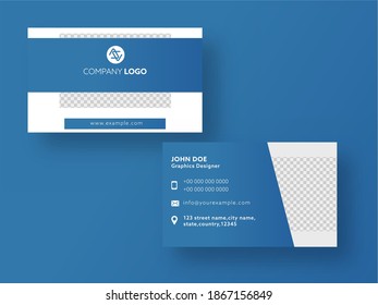 Horizontal Business Card With Double-Sides Presentation On Blue Background.