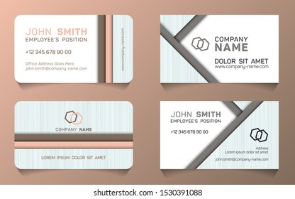 Horizontal business card minimal idea vector templates set. Flat business card graphic design with place for logo, employee's name, position, mobile number, website and company office address.