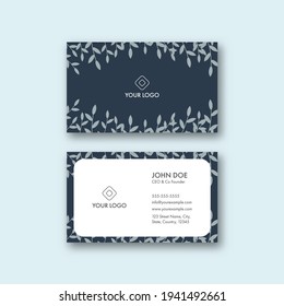 Horizontal Business Card Template Decorated With Leaves In Front And Back View.