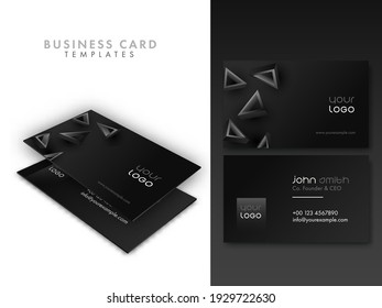 Horizontal Business Card Template Design With 3D Triangle Elements In Black Color.