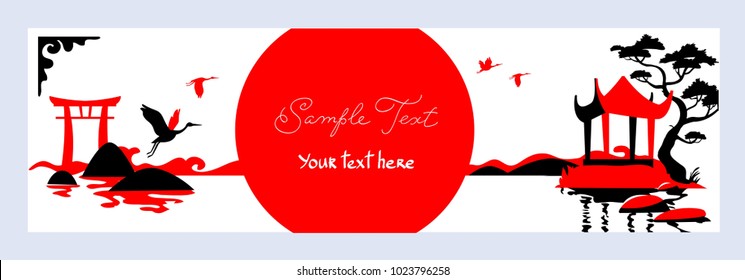 Horizontal business card with traditional architecture, sunset, crane and lake. Vector background.