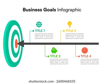 Horizontal Business Goal Infographic with Flat Icons and Arrow Target Path Connecting Four Labeled Milestones