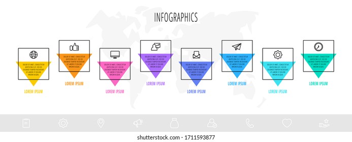 Horizontal business infographics with 8 elements with arrows. Vector flat template of eight business options to choose from. Concept of modern design for diagram, chart, web design, graph