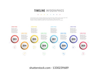 horizontal business timeline with 8 round elements, year indication and text boxes on white background. realistic 3d paper cut infographic. modern vector company presentation slide template. eps 10