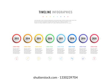 horizontal business timeline with 8 round elements, year indication and text boxes on white background. realistic 3d paper cut infographic. modern vector company presentation slide template. eps 10