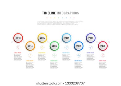 horizontal business timeline with 8 round elements, year indication and text boxes on white background. realistic 3d paper cut infographic. modern vector company presentation slide template. eps 10