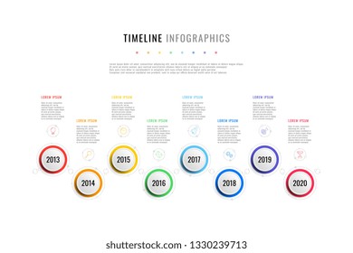 horizontal business timeline with 8 round elements, year indication and text boxes on white background. realistic 3d paper cut infographic. modern vector company presentation slide template. eps 10