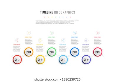 horizontal business timeline with 8 round elements, year indication and text boxes on white background. realistic 3d paper cut infographic. modern vector company presentation slide template. eps 10